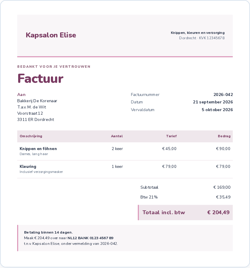 Factuur van een kapsalon in aubergine tinten, met twee behandelingen en het btw-totaal.
